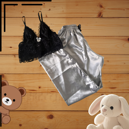 Pijama Pantalón Satín Top Encaje Ref.1025
