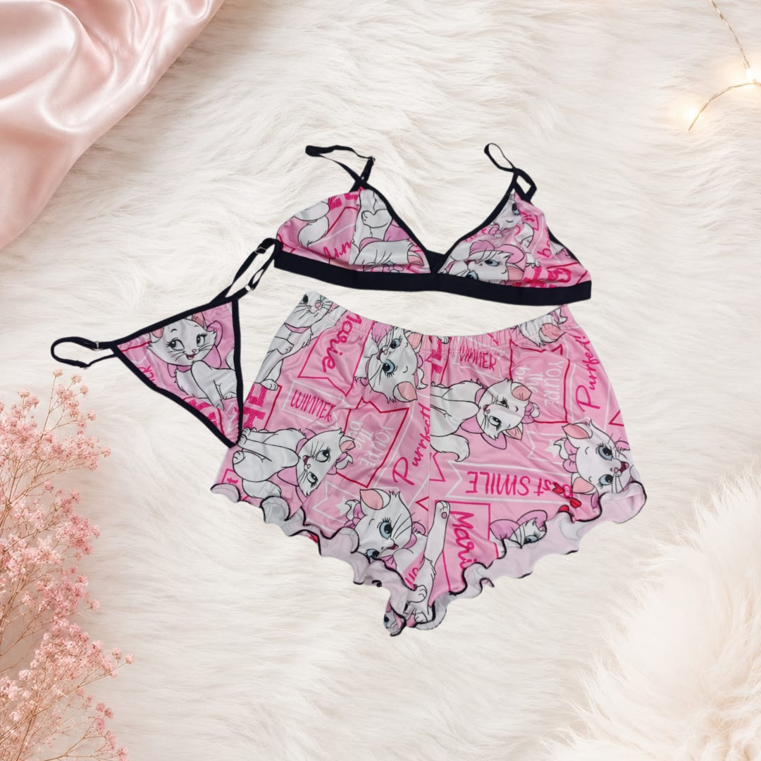Pijama Short Trío Sublimada Ref.10810 Gata Mary Rosado
